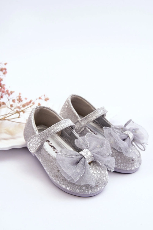 Dziecięce Balerinki Z Kokardą I Brokatem Na Rzep Srebrno-Szare Elisa