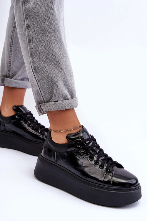 Damskie Buty Sportowe Lakierowane na Platformie Czarne Lemar 10150