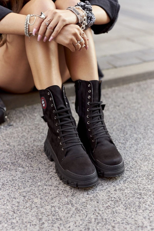 Damskie Botki Trapery Workery Czarne Monope