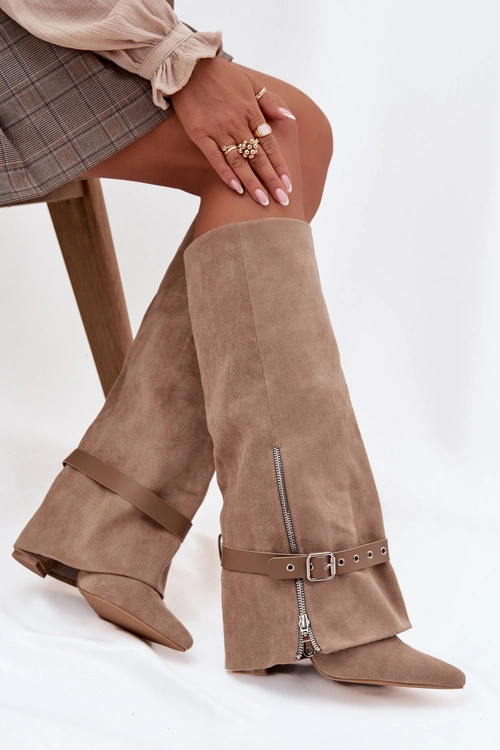 Kozaki Damskie Wsuwane Na Słupku Z Ozdobnym Paskiem Beżowe Jolivine