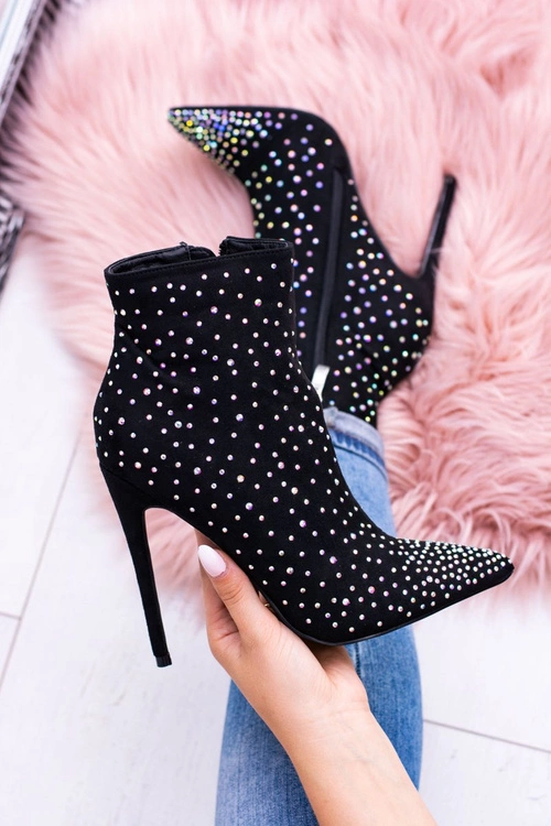 Lu Boo Czarne Wysokie Zamszowe Botki na Szpilce Cyrkonie Cubano