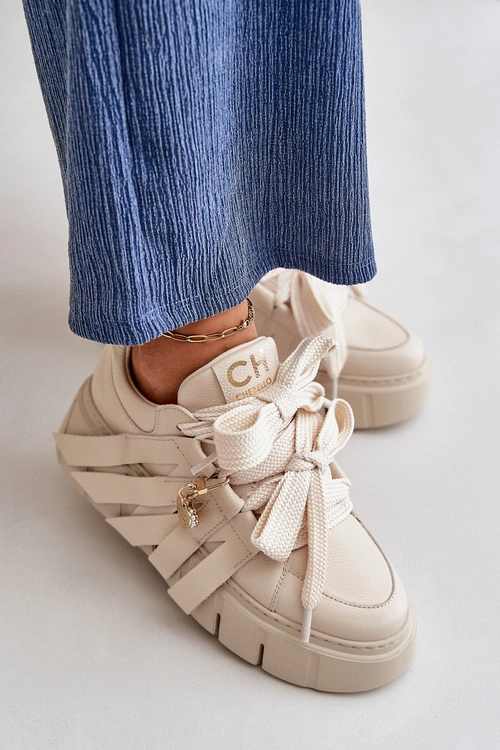 Sneakersy Skórzane Damskie Na Platformie Beżowe CheBello 4568