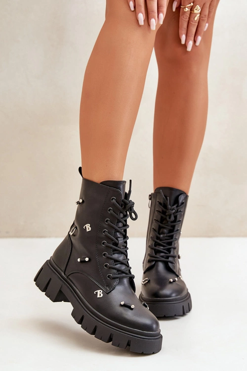 Botki Workery Damskie Z Ozdobami Eko Skórzane Czarne Cadenilla