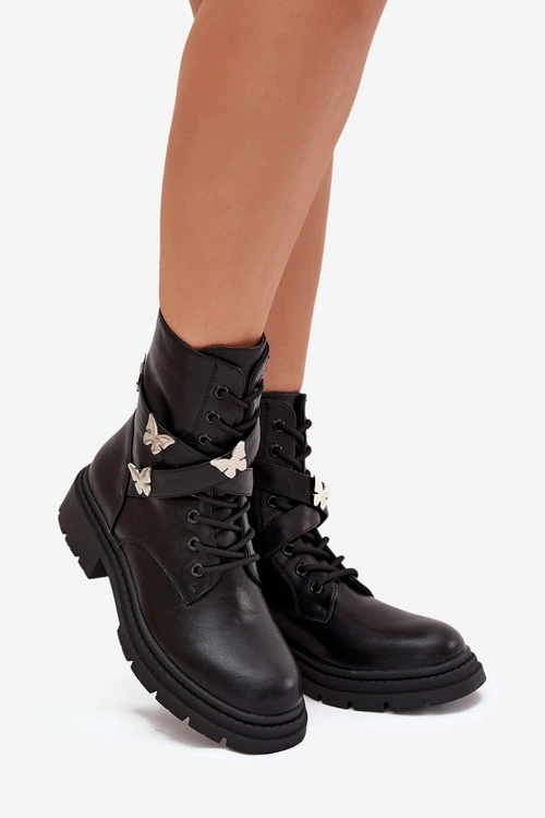 Ocieplane Botki Workery Z Paskiem I Srebrnymi Przypinkami Czarne Kaelina