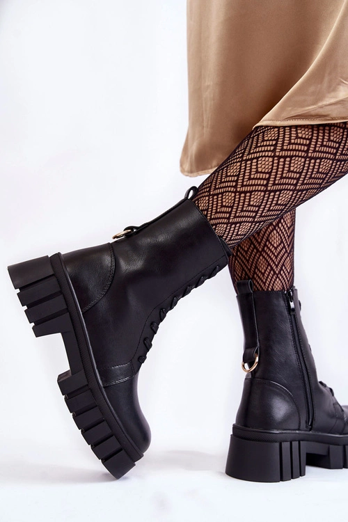 Skórzane Ocieplane Botki Na Platformie Czarne Telisa