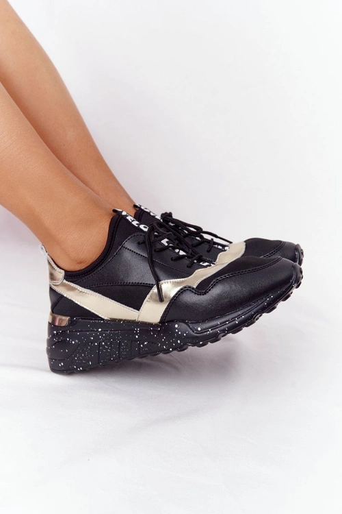 Skórzane Sneakersy Na Koturnie S.Barski Czarno-Złote