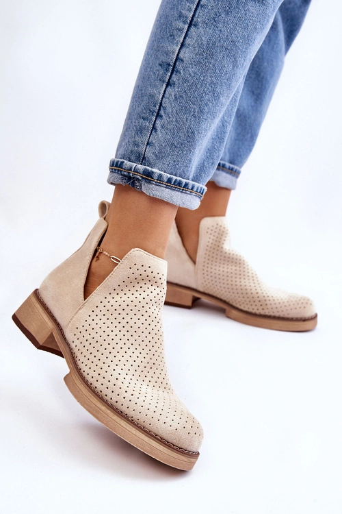 Zamszowe Ażurowe Botki Na Płaskim Obcasie Beżowe Angie