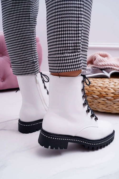 Botki Damskie Płaski Obcas Wysokie Glany Białe Buena