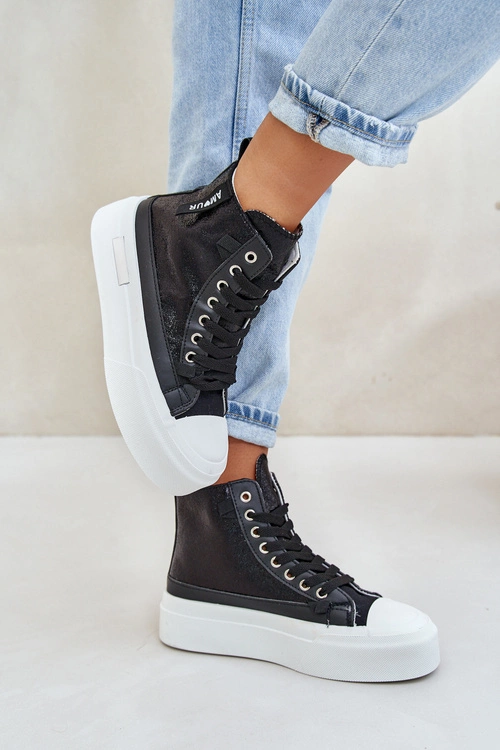 Damskie Wysokie Trampki Na Platformie Czarne Averira