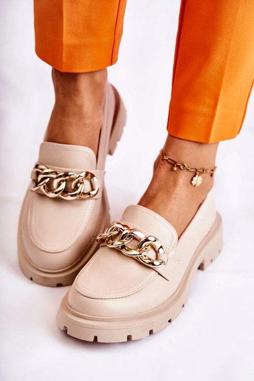 Skórzane Półbuty Loafery Łańcuch Jasnobeżowe Amicable