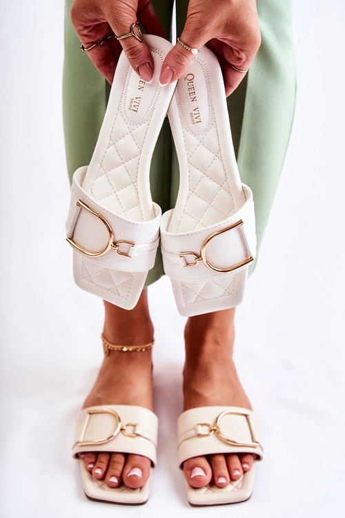 Damskie Skórzane Klasyczne Klapki Z Ozdobą Białe Shilla