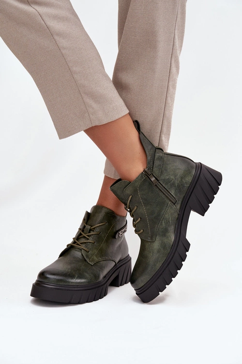 Niskie Ocieplane Botki Damskie Na Klocku Z Ozdobnym Paskiem Ciemnozielone Therisse