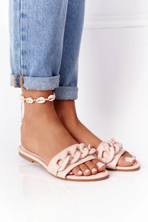 Skórzane Klapki Z Łańcuchem Beżowe Step By Step