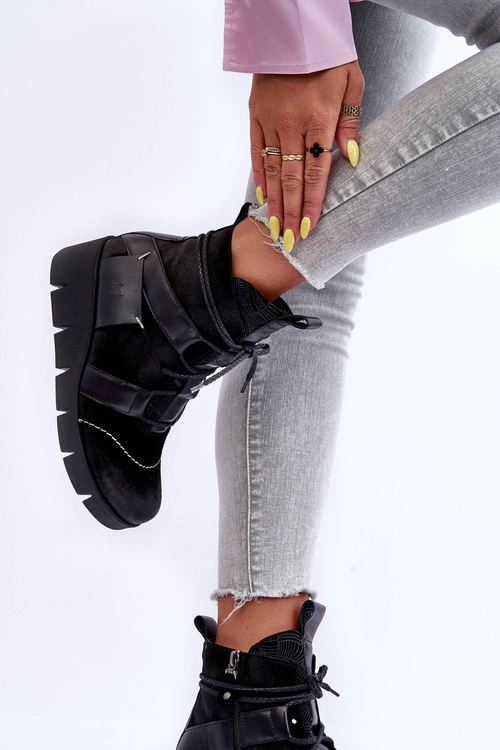 Skórzane Botki Na Koturnie Maciejka 06185-01 Czarne