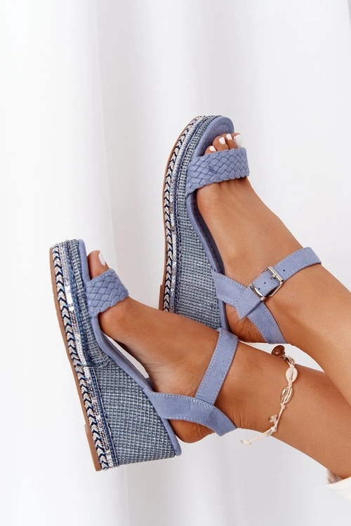 Sandały Na Koturnie Z Cekinami Niebieskie Scilla