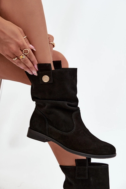 Skórzane Zamszowe Botki Damskie Z Marszczeniem Ocieplane Zazoo 4210 Czarne