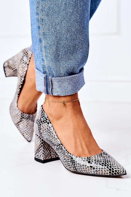 Skórzane Czółenka Ze Zwierzęcym Wzorem Lewski Shoes 2801 Czarno-Niebieskie