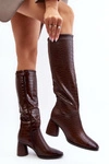 Damskie Kozaki Do Kolana Na Słupku Wężowy Wzór Brązowe Ceriona