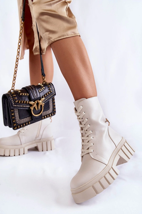 Skórzane Ocieplane Botki Na Platformie Jasnobeżowe Telisa