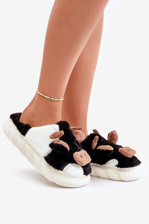 Futrzane Kapcie Krowy Damskie Czarne Remiola