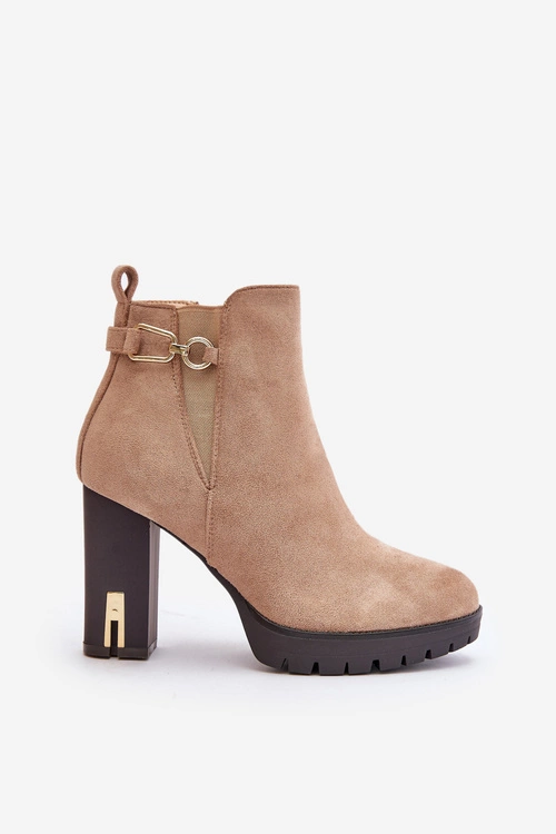 Ocieplane Botki Damskie Na Wysokim Obcasie Słupku Beżowe Terisanna