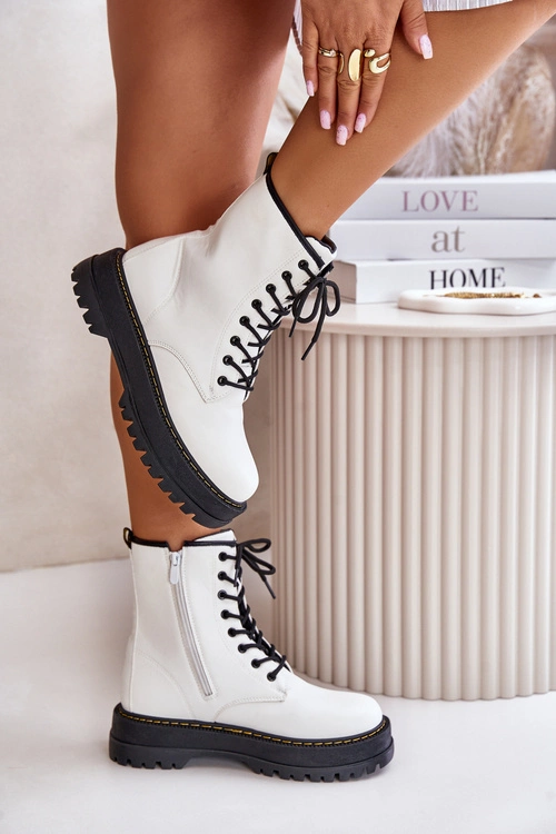 Ocieplane Botki Workery z Eko Skóry Na Zamek Białe Naleli