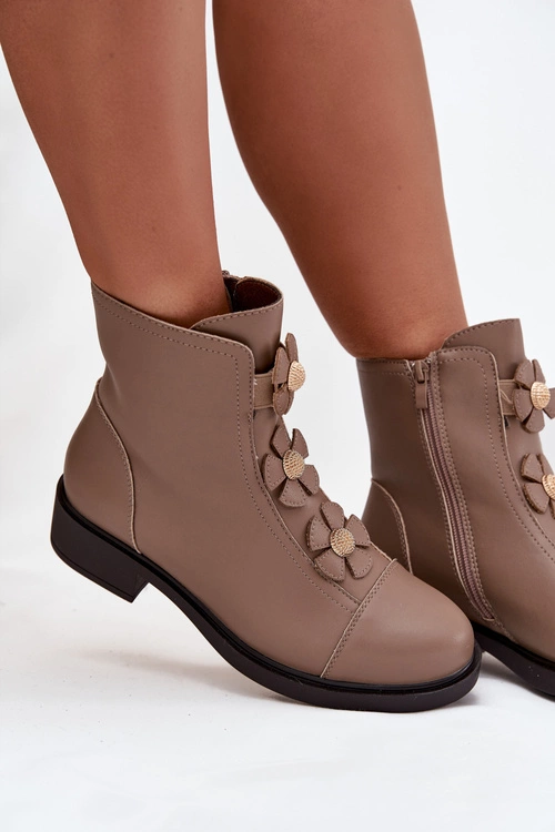 Skórzane Botki Damskie Z Ozdobnymi Kwiatkami Ocieplane Beżowe Belverine