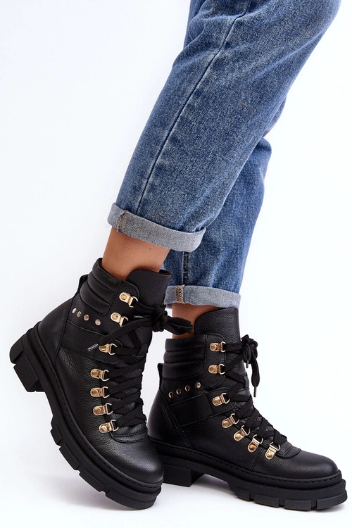 Damskie Skórzane Trapery Botki Sznurowane Zazoo K01 Czarne