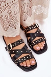 Zdobione Klapki Damskie Na Płaskim Obcasie Z Paskami I Klamrą Czarne Manitte