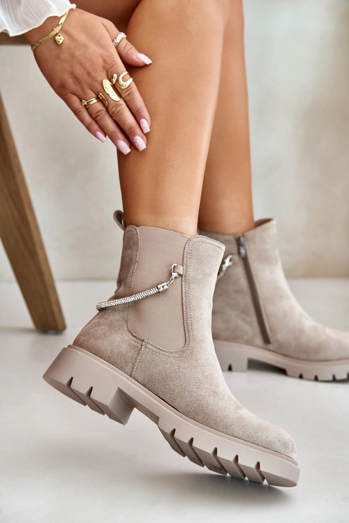 Ocieplane Botki Sztyblety Na Zamek Z Ozdobnym Paskiem Beżowe Labenne