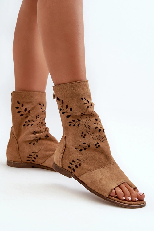 Zazoo 3437 Damskie Zamszowe Sandały Z Cholewką Na Zamek Camel