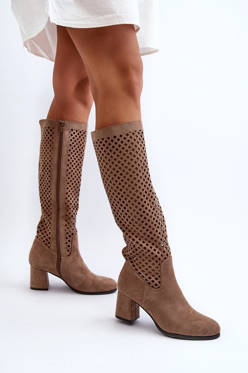 Ażurowe Kozaki Na Obcasie Zamszowe Beżowe Jolenna