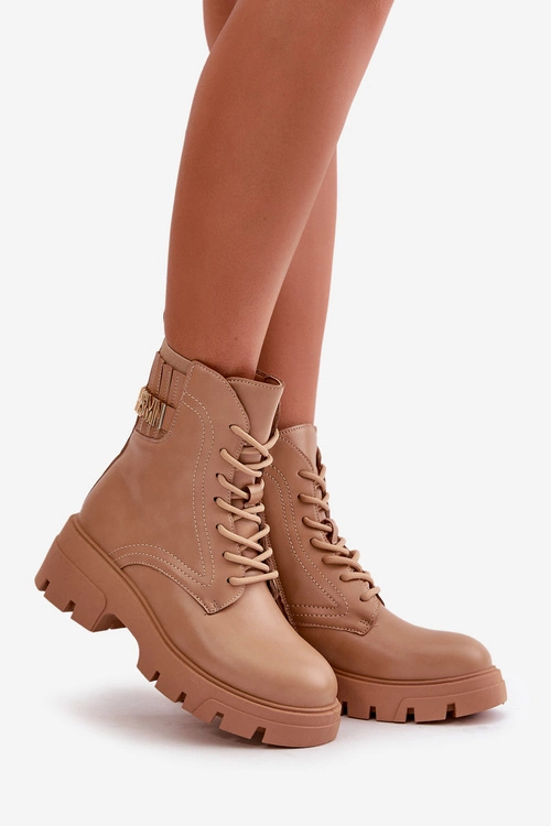 Damskie Workery Botki Na Zamek Sznurowane Z Eko Skóry Beżowe Naolani
