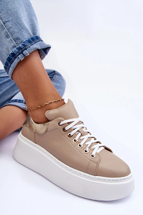 Damskie Buty Sportowe Skórzane na Platformie Beżowe Lemar 10150