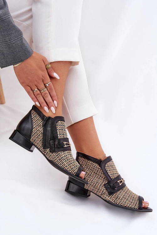 Skórzane Botki Damskie Z Odkrytymi Palcami Maciejka 06934-39/00-1 Czarno-Beżowe