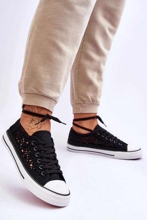 Damskie Koronkowe Materiałowe Trampki Czarne Fergo