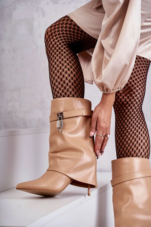 Skórzane Wsuwane Kozaki Na Szpilce Beżowe Steffi