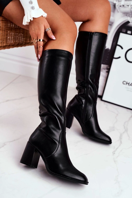 Kozaki Damskie Na Słupku Ciepłe Czarne Veronique