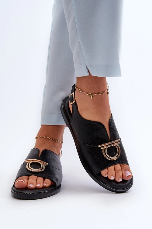 Płaskie Sandały Damskie Ze Złotą Ozdobą Vinceza 17319 Czarne