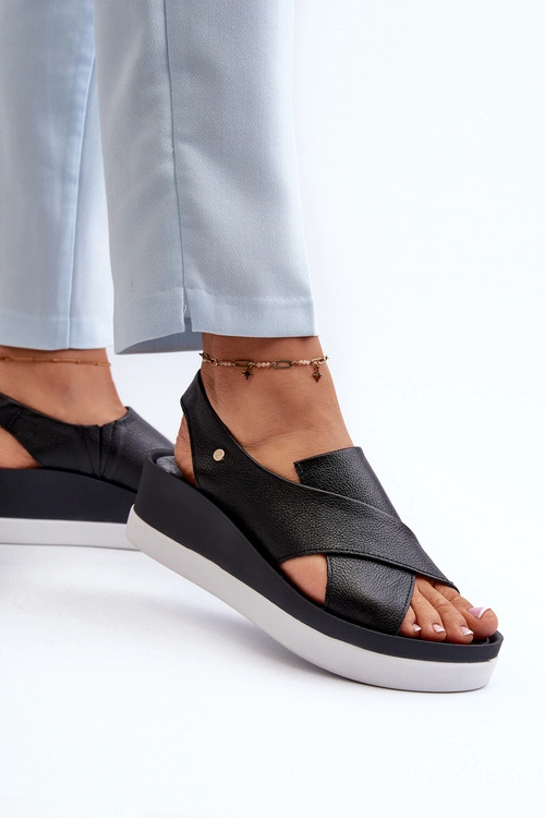 Zazoo 40256 Skórzane Sandały Na Koturnie Czarne