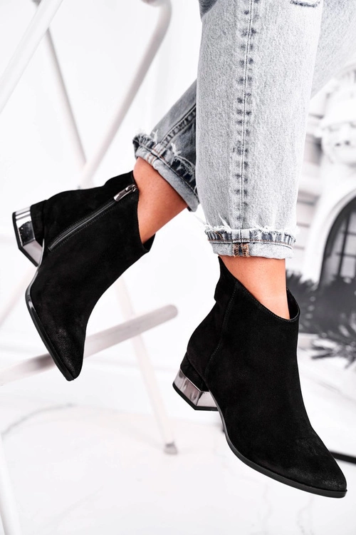 Botki Damskie Skórzane Ocieplane Laura Messi Czarne 2207