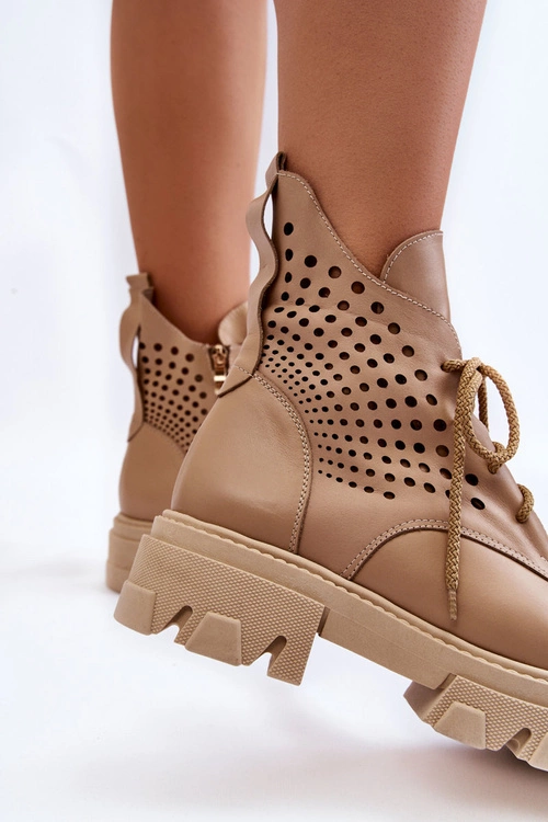 Skórzane Workery Z Ażurowym Wzorem Beżowe Abilene