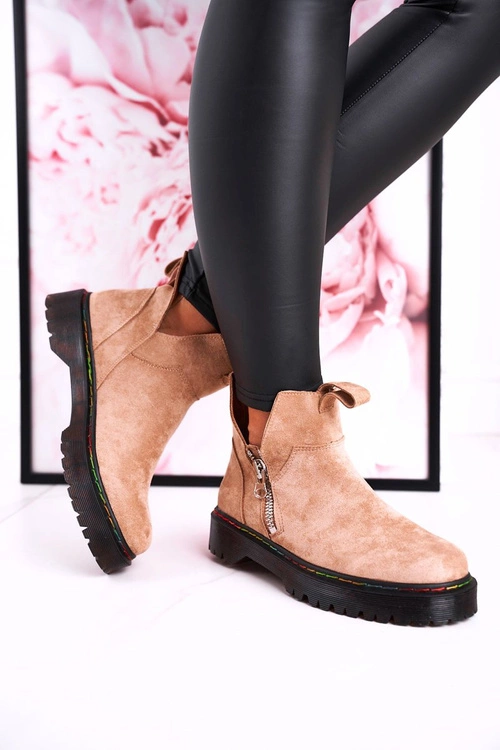 Damskie Botki Sztyblety Z Kolorowym Przeszyciem Zamszowe Beżowe Addison