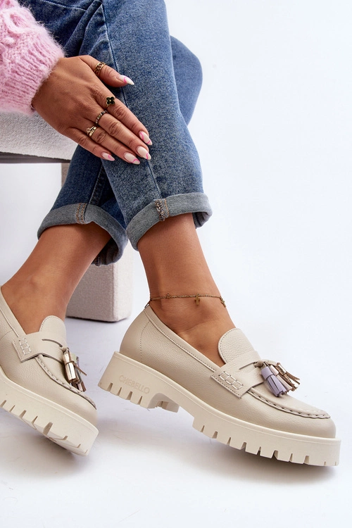 Damskie Skórzane Mokasyny Z Frędzlami CheBello 3096 Beżowe