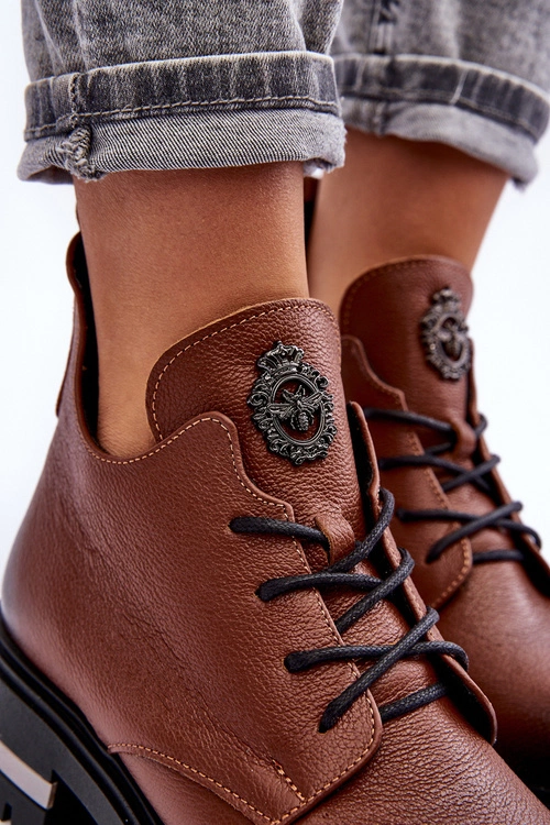 Damskie Skórzane Botki Na Płaskim Obcasie Brązowe Lemar Charline