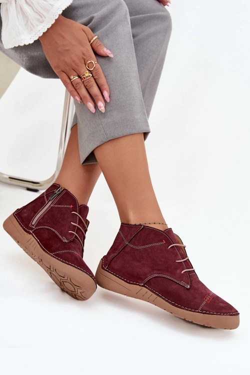 Skórzane Półbuty Damskie Z Przeszyciami Na Zamek Artiker 57C2116 Bordowe