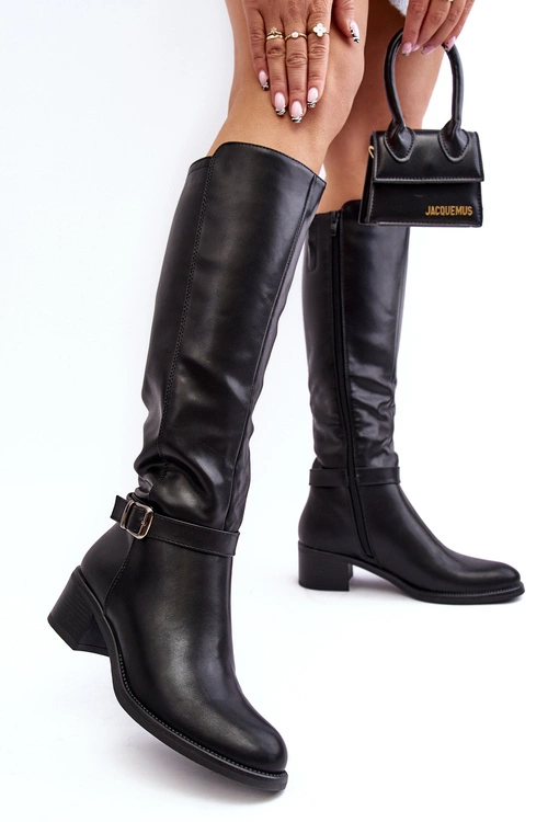 Damskie Kozaki Na Niskim Obcasie Przed Kolano Czarne Bafiske