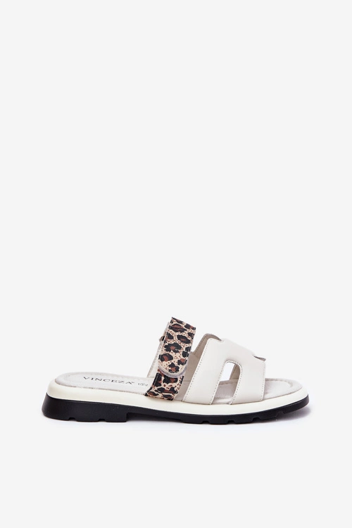 Skórzane Klapki Damskie Z Rzepem Panterka Vinceza 66769 Jasnobeżowe