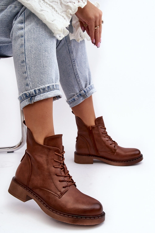 Klasyczne Damskie Botki Na Płaskim Obcasie Brązowe Ballisa