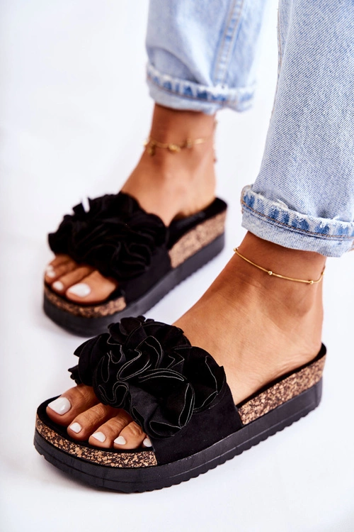 Damskie Zamszowe Klapki Z Ozdobą Czarne Nemis